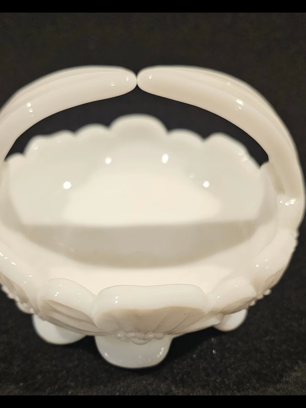 Vintage Westmoreland White Milk Glass Dogwood Flower Split Handle Basket Dish